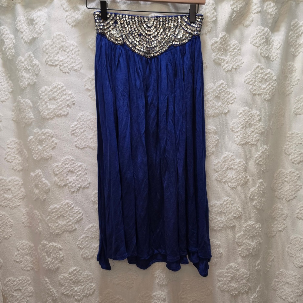 Y2K Jane Ashley Blue Sequin Beaded Waist Boho Rayon Midi Skirt Womens Large